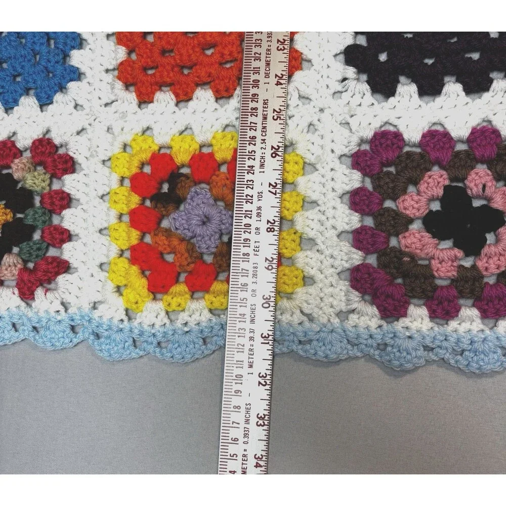 Vtg Colorful Granny Square Crochet Crib Size Chair Throw Light Blue Trim 32 X32